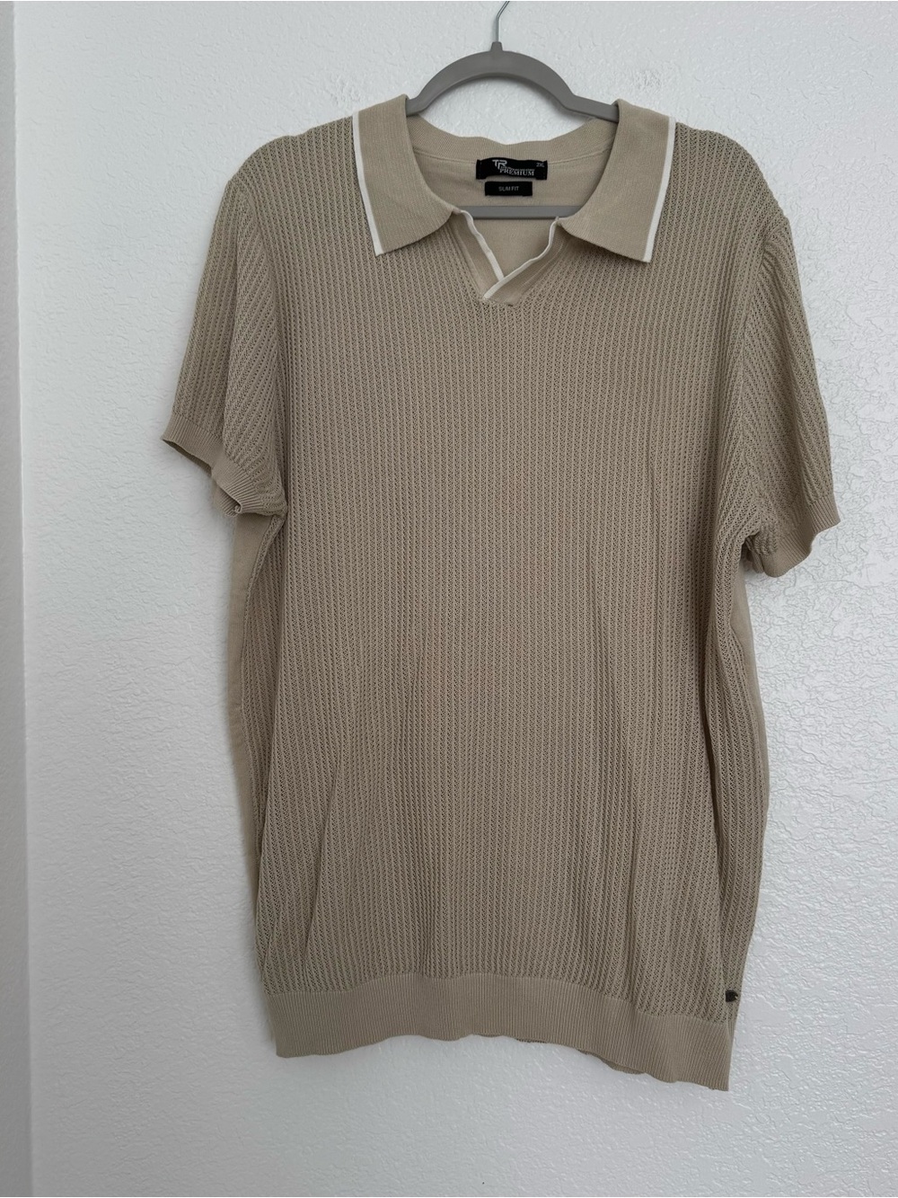 TR Premium Sand Beige Slim Fit Ribbed Knit Johnny Collar 2XL Polo